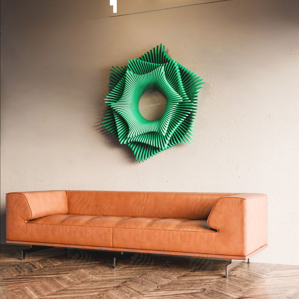 Arte de parede radial em madeira MDF, projectada com um design moderno.