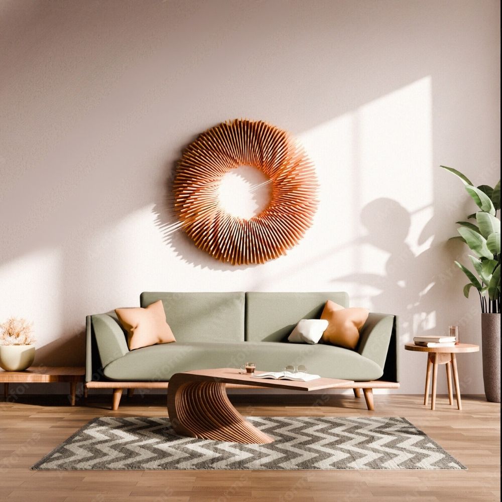 Arte de parede radial em madeira MDF, projectada com um design moderno.